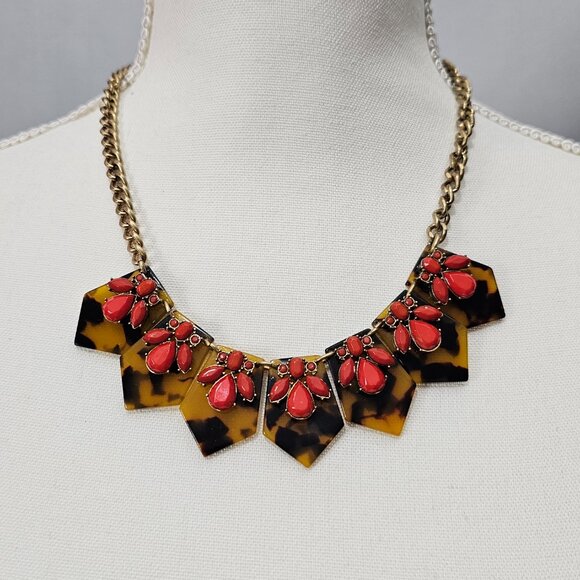 J. Crew Tortoise Shell Animal Print Lucite Vermilion Beaded Bib Necklace - Picture 1 of 6